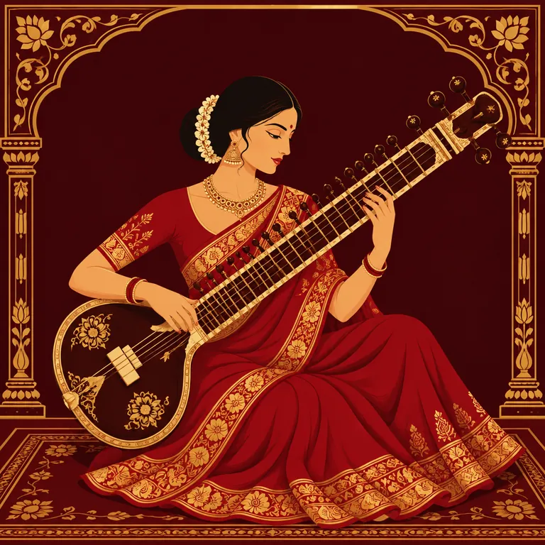 Hindustani Vocalist illustrated in traditional performance attire or with instruments