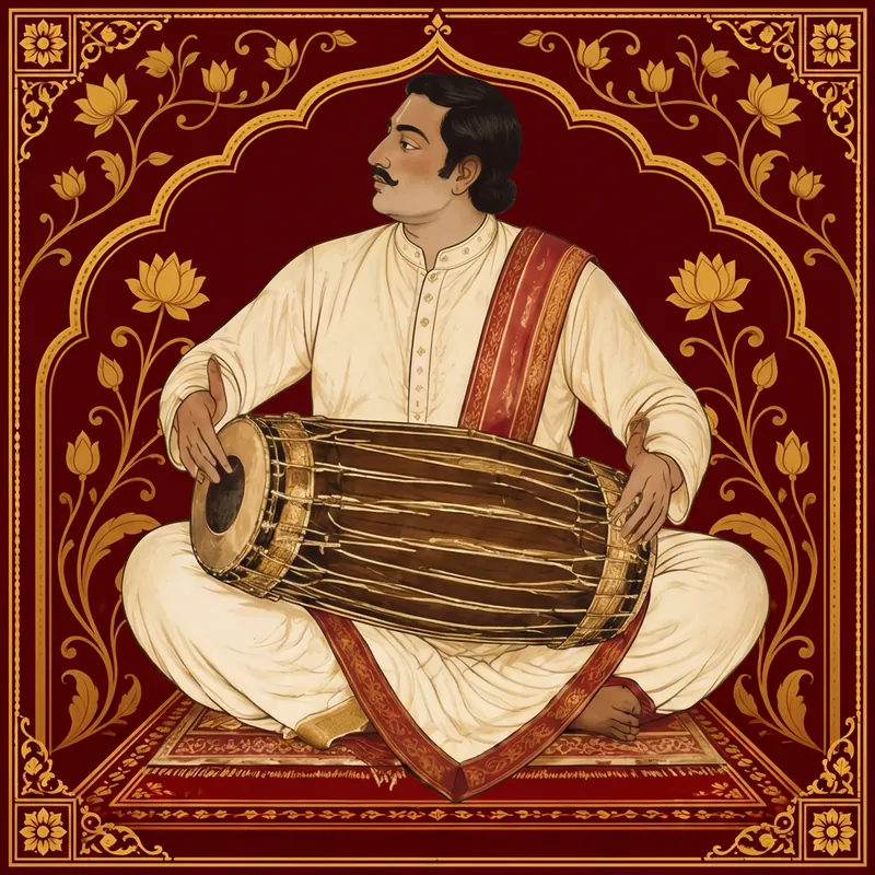 Mridangam Artist illustrated in traditional performance attire or with instruments